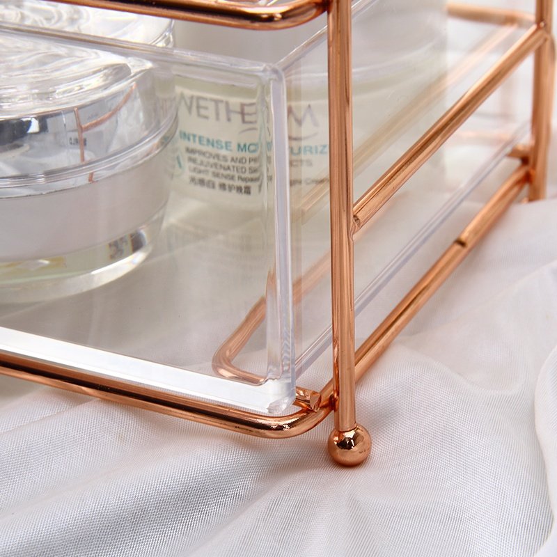 Luxury dresser desk cosmetic jewelry storage box 2 layers plastic transparent makeup organizer with rose golden metal rack