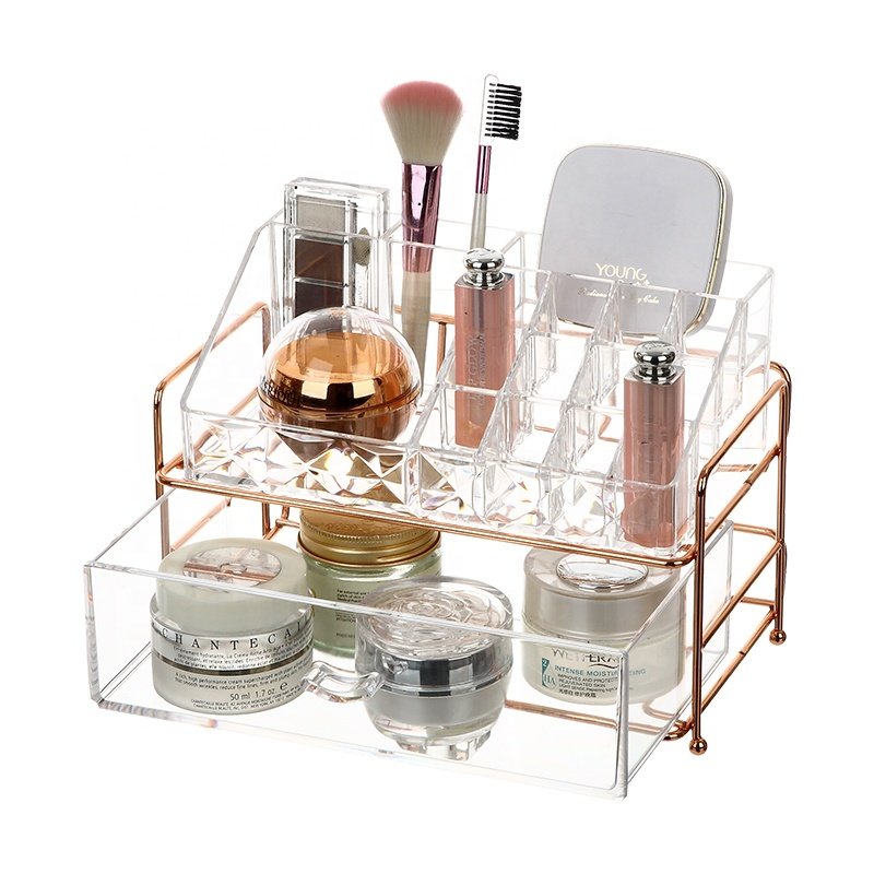 Luxury dresser desk cosmetic jewelry storage box 2 layers plastic transparent makeup organizer with rose golden metal rack