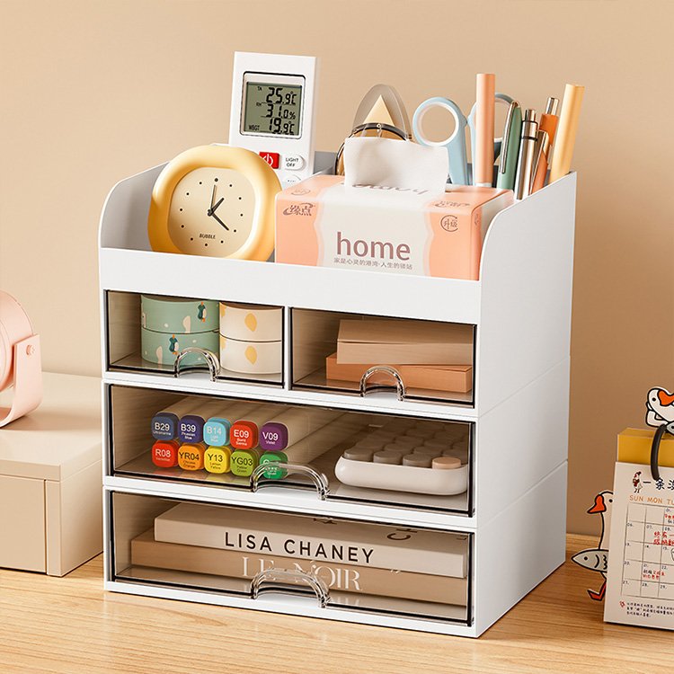 White Multi-Functional Pen Pencil Holder Office Desk Organizer Storage Box with 2 Drawers
