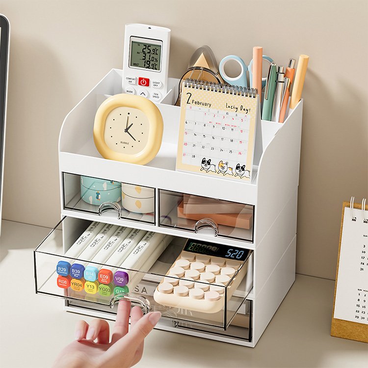 White Multi-Functional Pen Pencil Holder Office Desk Organizer Storage Box with 2 Drawers
