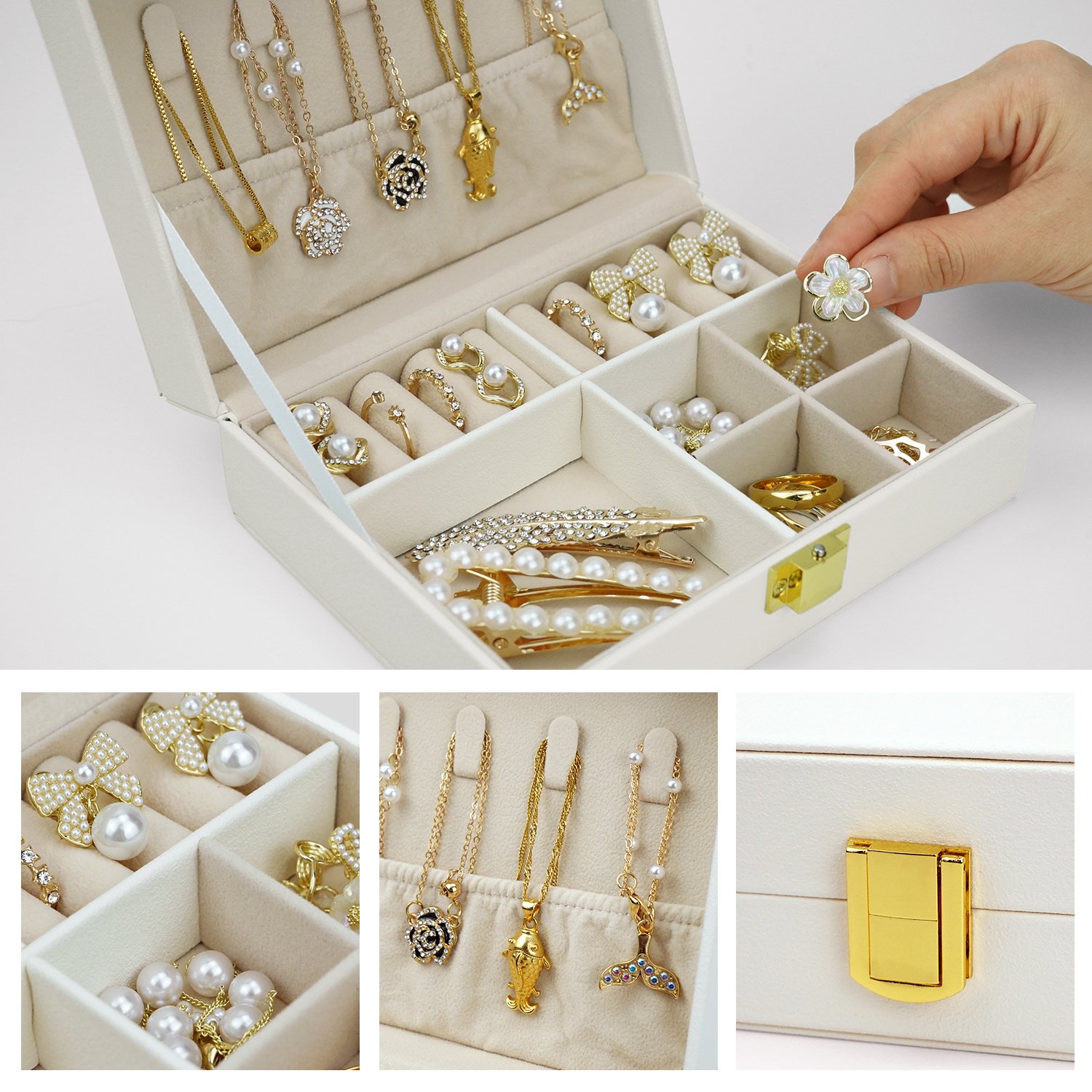 Stock white jewelry organiser factory directly sale deliver high end jewellery pu leather jewelry and makeup organizer
