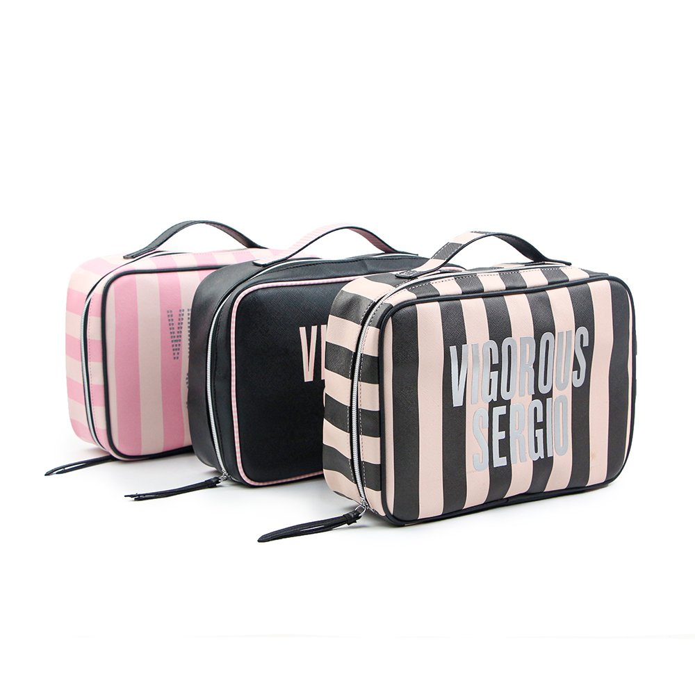 Customized Large Capacity Available Travel Pink Stripe Pu Leather 4 Pcs Set Cosmetic Bag Makeup Beauty Set For Women Outdoor