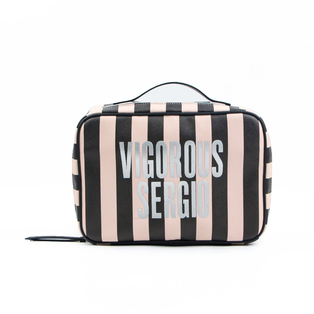 Customized Large Capacity Available Travel Pink Stripe Pu Leather 4 Pcs Set Cosmetic Bag Makeup Beauty Set For Women Outdoor