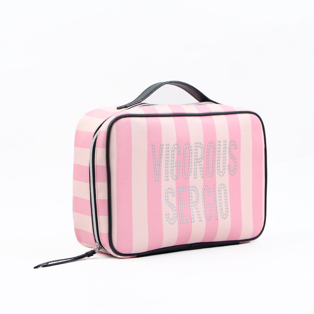 Customized Large Capacity Available Travel Pink Stripe Pu Leather 4 Pcs Set Cosmetic Bag Makeup Beauty Set For Women Outdoor
