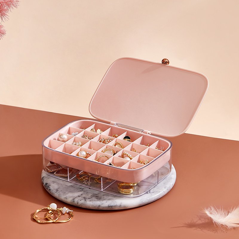 Factory wholesale Plastic jewelry storage box with transparent cover for makeup jewelry pink storage box