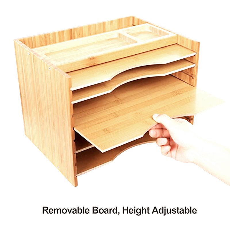 bamboo makeup desk organizer Desktop Paper Sorter Wood Letter Trays Mail Organizer with 5 Dividers & Top Storage Compartments