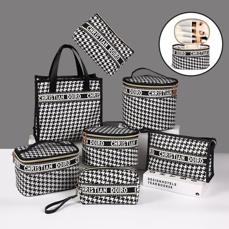 New design houndstooth PU leather Waterproof Portable Wash Handbag Women Makeup Bag Girls Cosmetic Pouch Travel Storage Bag
