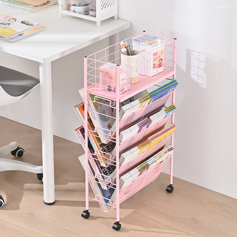 Promotional Multi-Layer Bookshelf Cart Mobile Book Holder Organizing Rack Vertical 5 Tier Magazine Home Storage Trolley