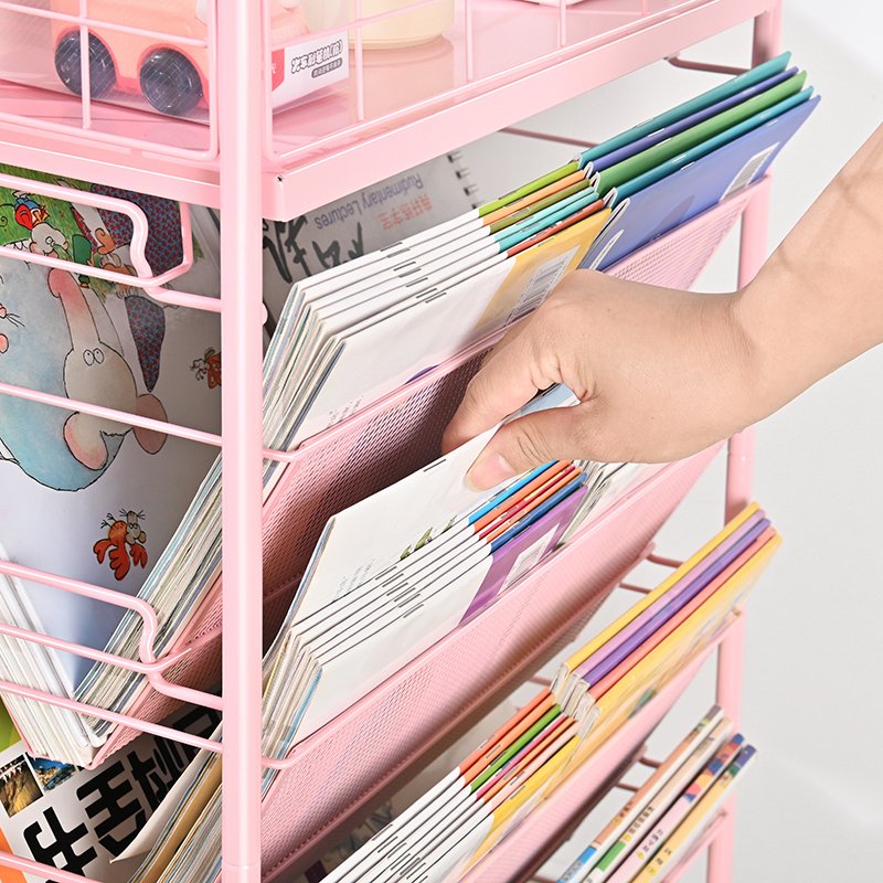 Promotional Multi-Layer Bookshelf Cart Mobile Book Holder Organizing Rack Vertical 5 Tier Magazine Home Storage Trolley