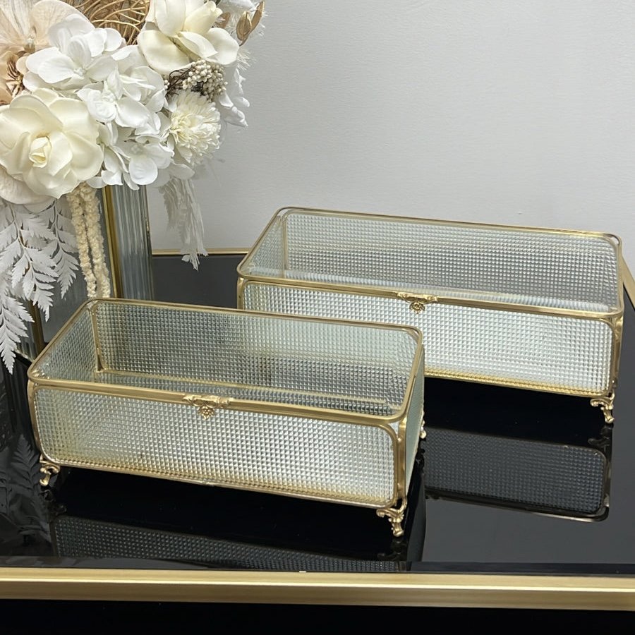 Glass Jewelry Box with Crystal Clear Beveled Lid Luxury Modern Home Decorative Gold Metal Glass Nordic Jewelry Box