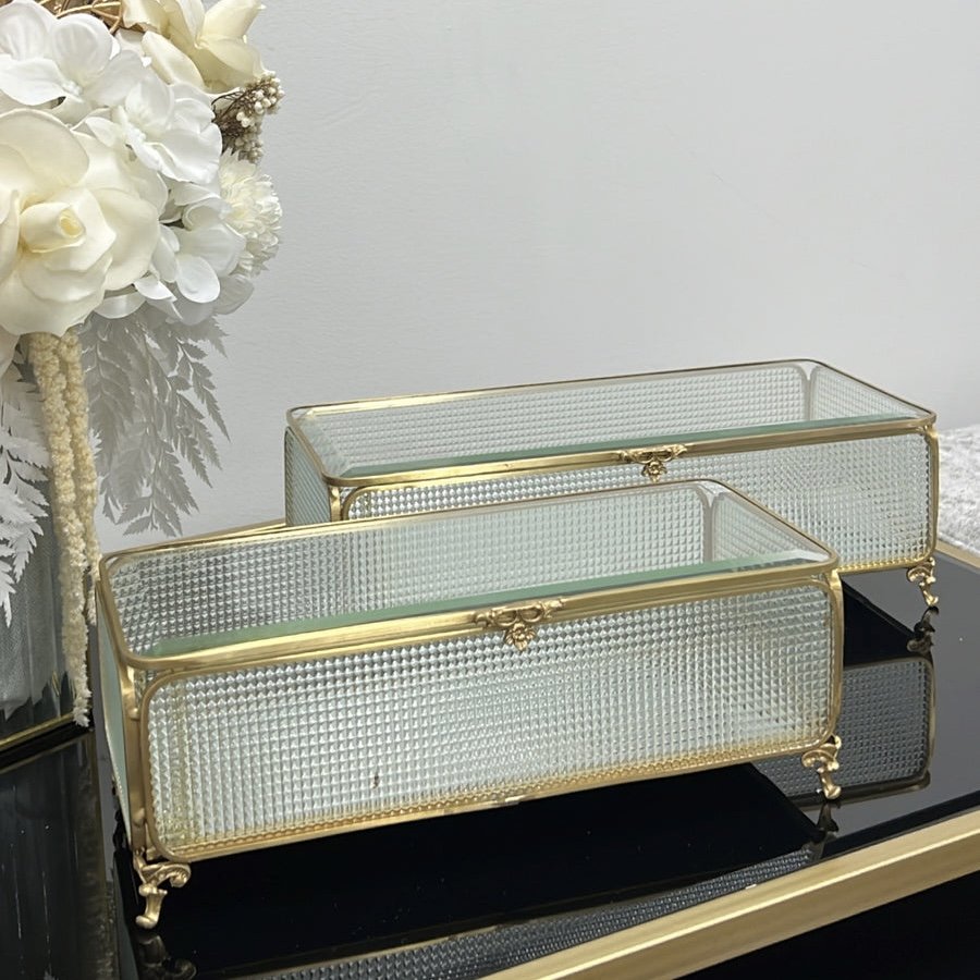 Glass Jewelry Box with Crystal Clear Beveled Lid Luxury Modern Home Decorative Gold Metal Glass Nordic Jewelry Box