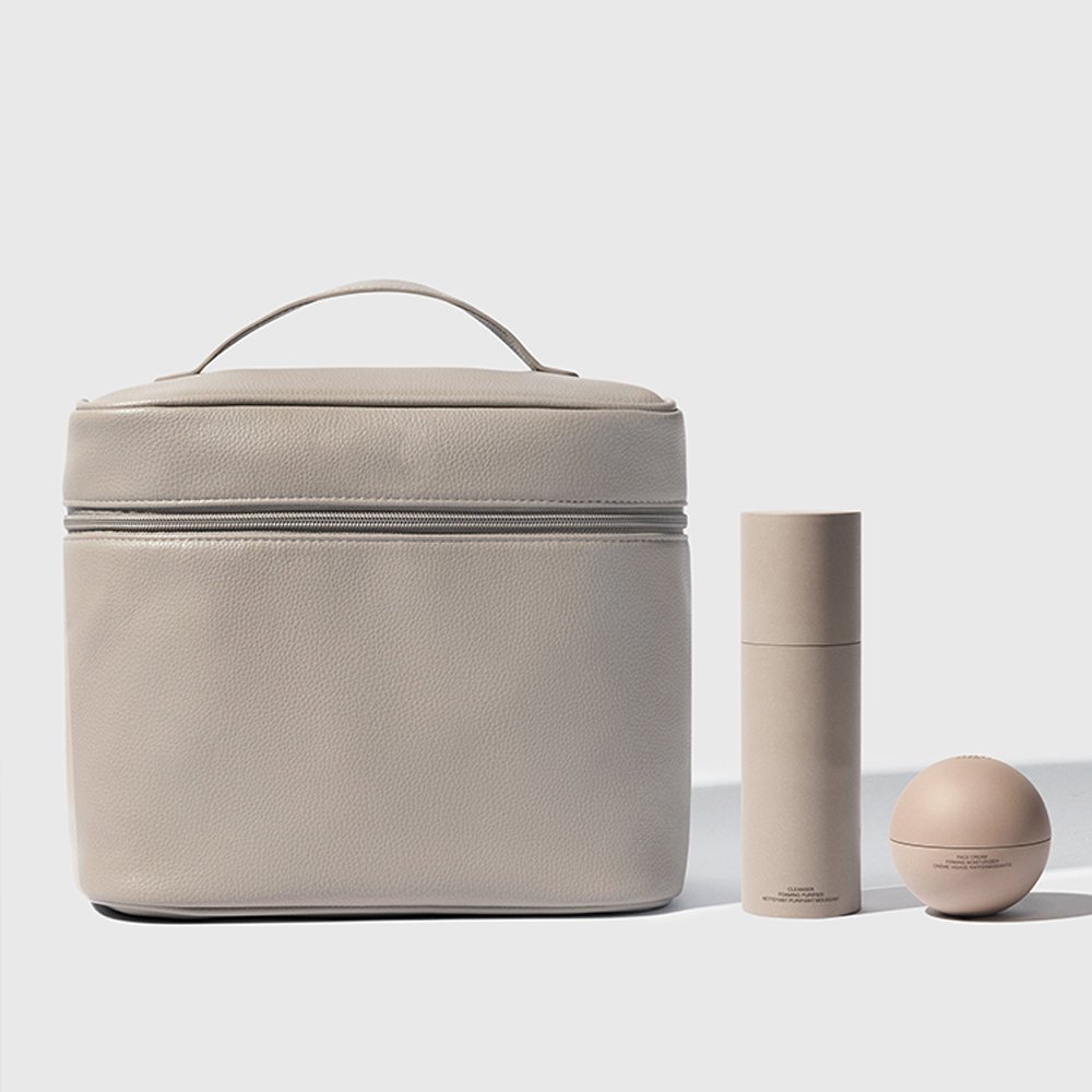 Hot Sell Beige Vegan Leather Portable Makeup Brush Organizer Round Cosmetic Bag Large Capacity Makeup Case with Handle