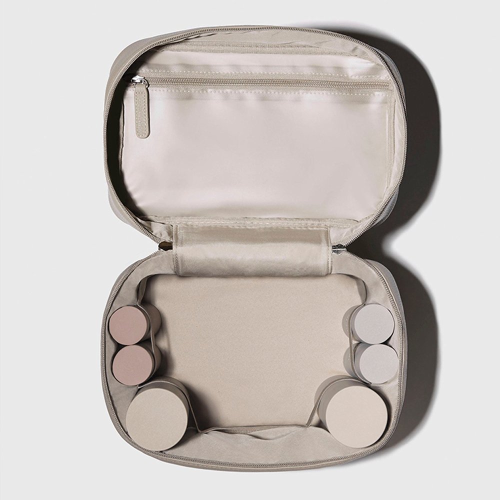 Hot Sell Beige Vegan Leather Portable Makeup Brush Organizer Round Cosmetic Bag Large Capacity Makeup Case with Handle