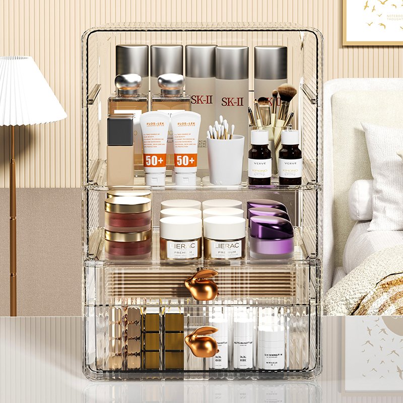 Sesame Light Luxury Transparent Cosmetic Storage Box Desktop Makeup Holder Rack With Interlayer & Drawer Compartment Organizer