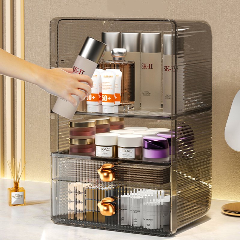 Sesame Light Luxury Transparent Cosmetic Storage Box Desktop Makeup Holder Rack With Interlayer & Drawer Compartment Organizer