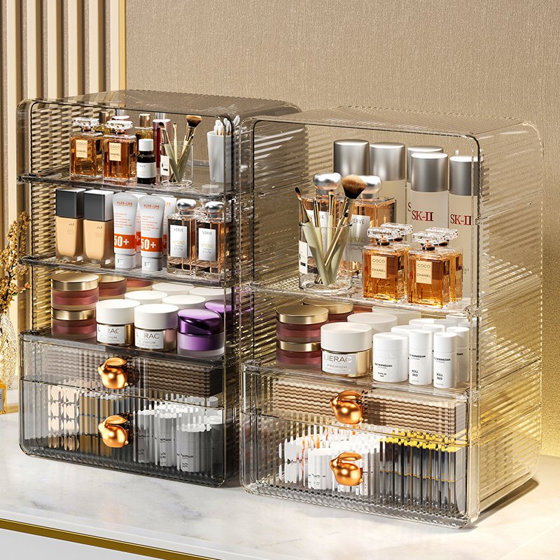 Sesame Light Luxury Transparent Cosmetic Storage Box Desktop Makeup Holder Rack With Interlayer & Drawer Compartment Organizer