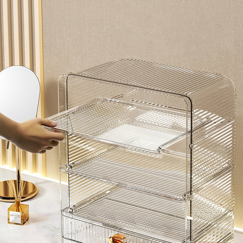 Sesame Light Luxury Transparent Cosmetic Storage Box Desktop Makeup Holder Rack With Interlayer & Drawer Compartment Organizer