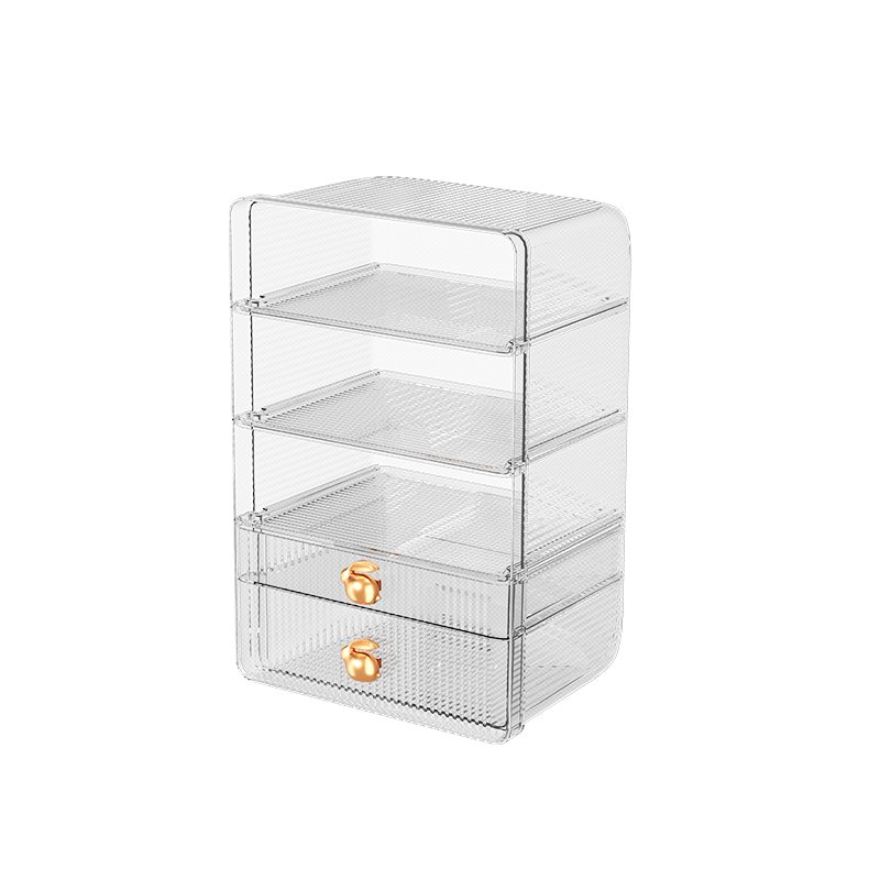 Sesame Light Luxury Transparent Cosmetic Storage Box Desktop Makeup Holder Rack With Interlayer & Drawer Compartment Organizer