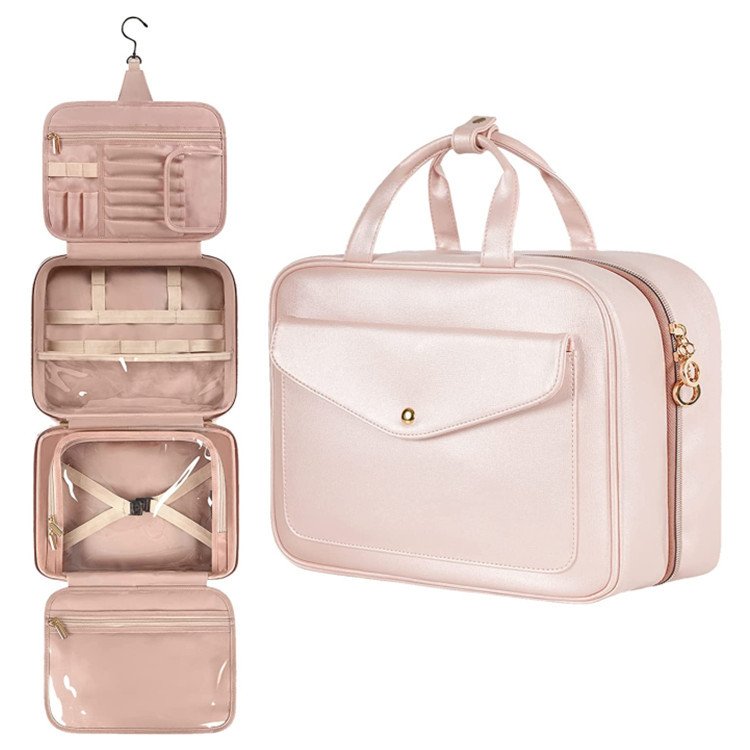 Travel Toiletry Bag For Women PU Leather Water-resistant Makeup Bag Organizer With Hanging Hook Cosmetic Bag For Toiletries