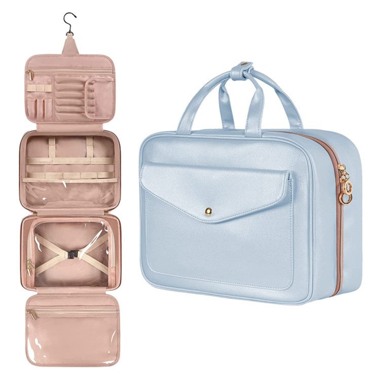 Travel Toiletry Bag For Women PU Leather Water-resistant Makeup Bag Organizer With Hanging Hook Cosmetic Bag For Toiletries