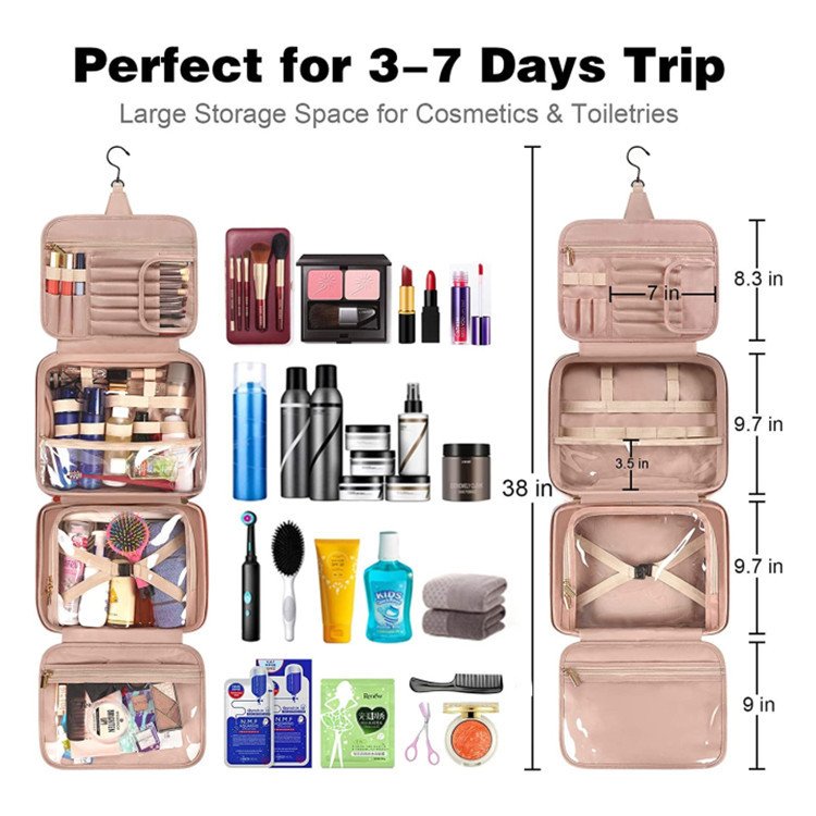 Travel Toiletry Bag For Women PU Leather Water-resistant Makeup Bag Organizer With Hanging Hook Cosmetic Bag For Toiletries