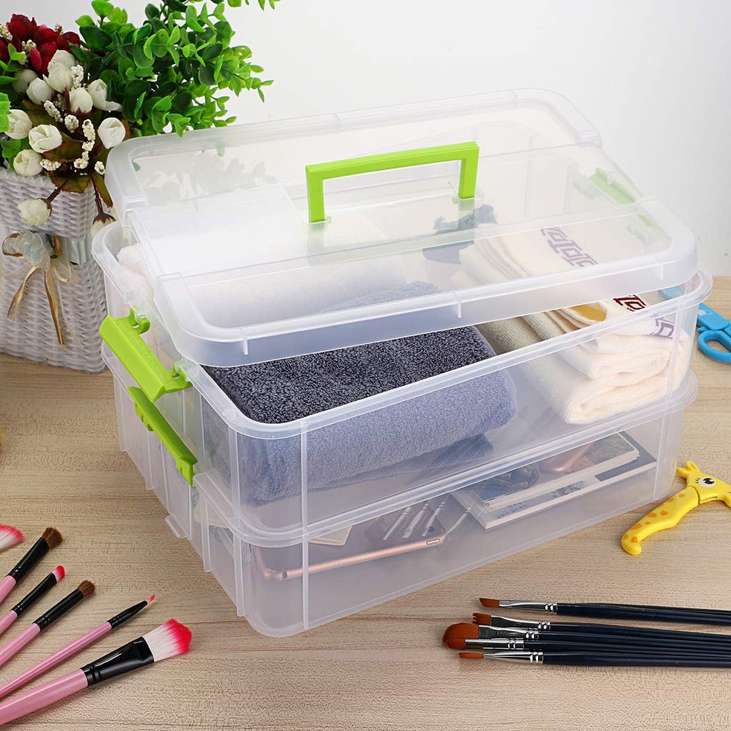 2 Layer Stack & Carry Box Plastic Multipurpose Portable Storage Container Box Handled Organizer Storage Box
