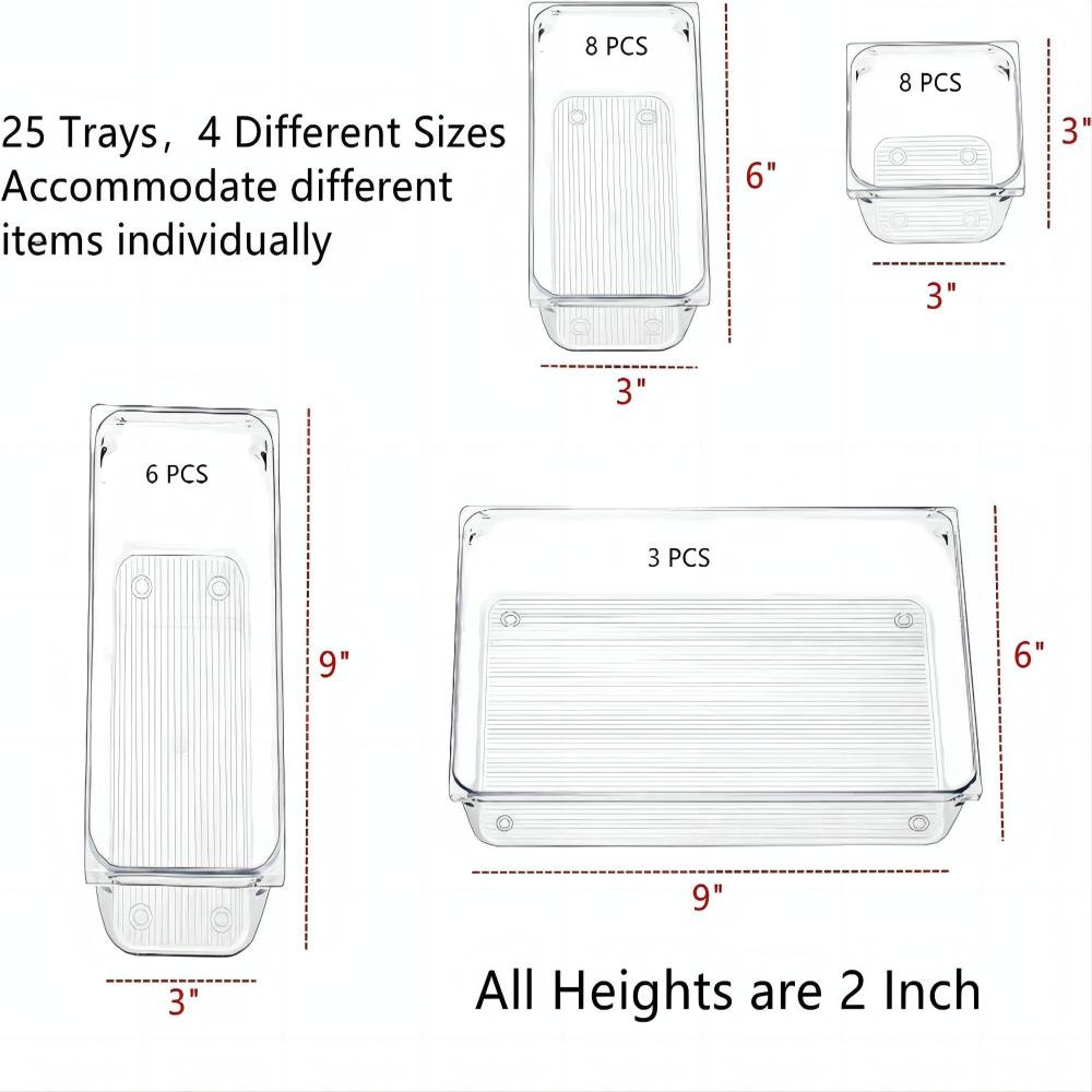 25PCs Transparent Storage Box Desk Drawer Organizers Set Plastic Bathroom Storage Makeup Organizer Clear Bins Kitchen Gadget