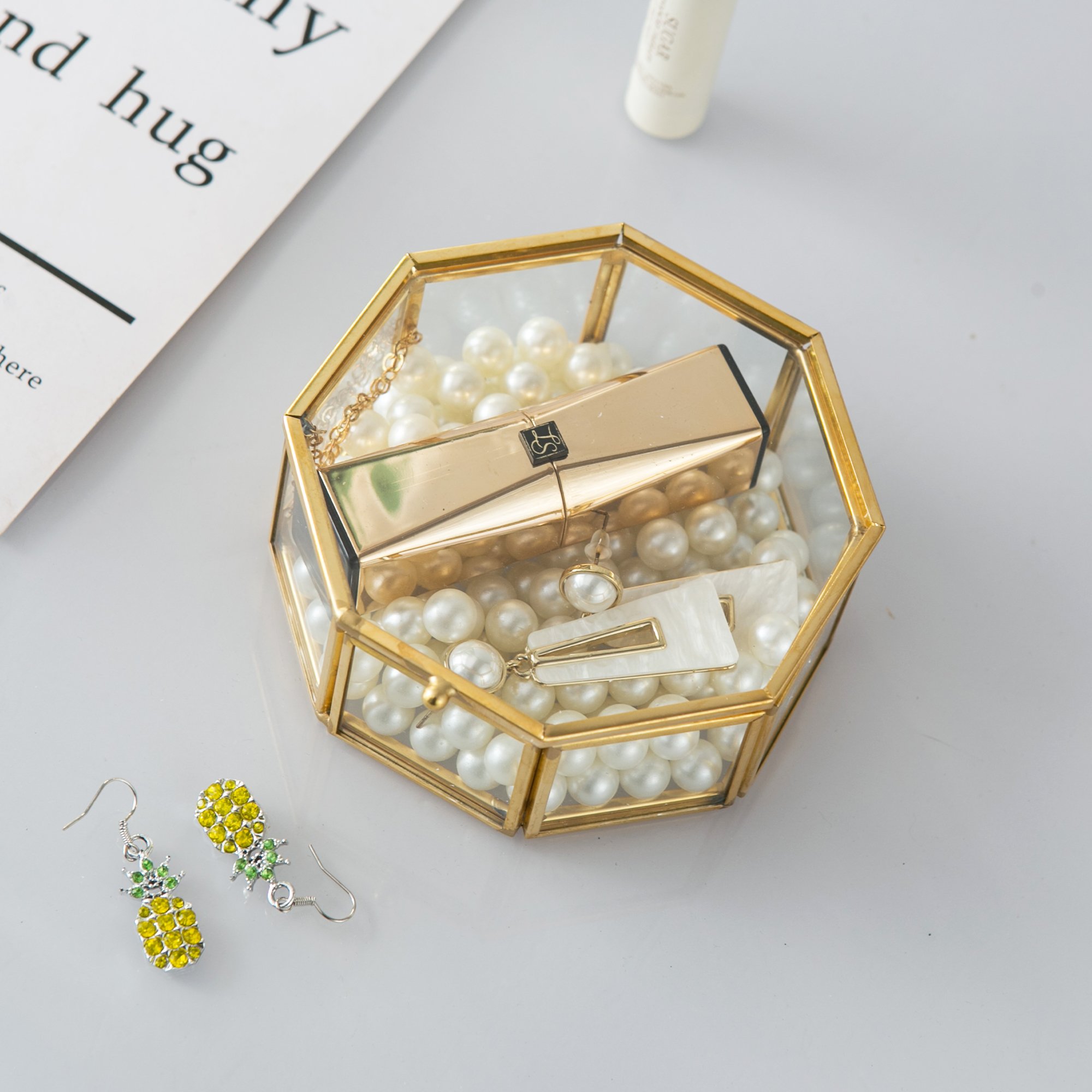 Metal Transparent Clear Mirror Glass Jewelry Box Storage Case Gold Jewelry Display Jewelry Box With Glass Lid Packaging