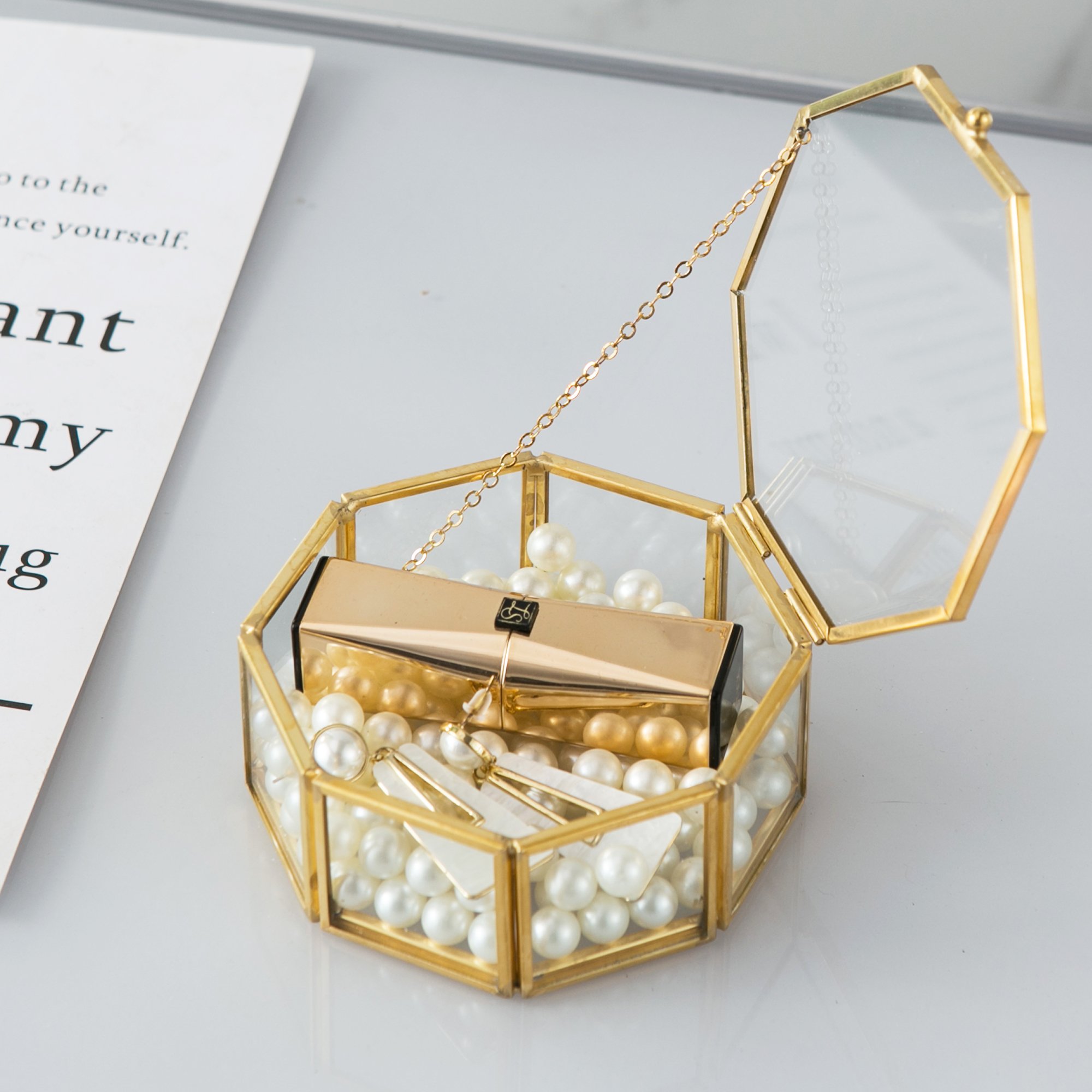 Metal Transparent Clear Mirror Glass Jewelry Box Storage Case Gold Jewelry Display Jewelry Box With Glass Lid Packaging