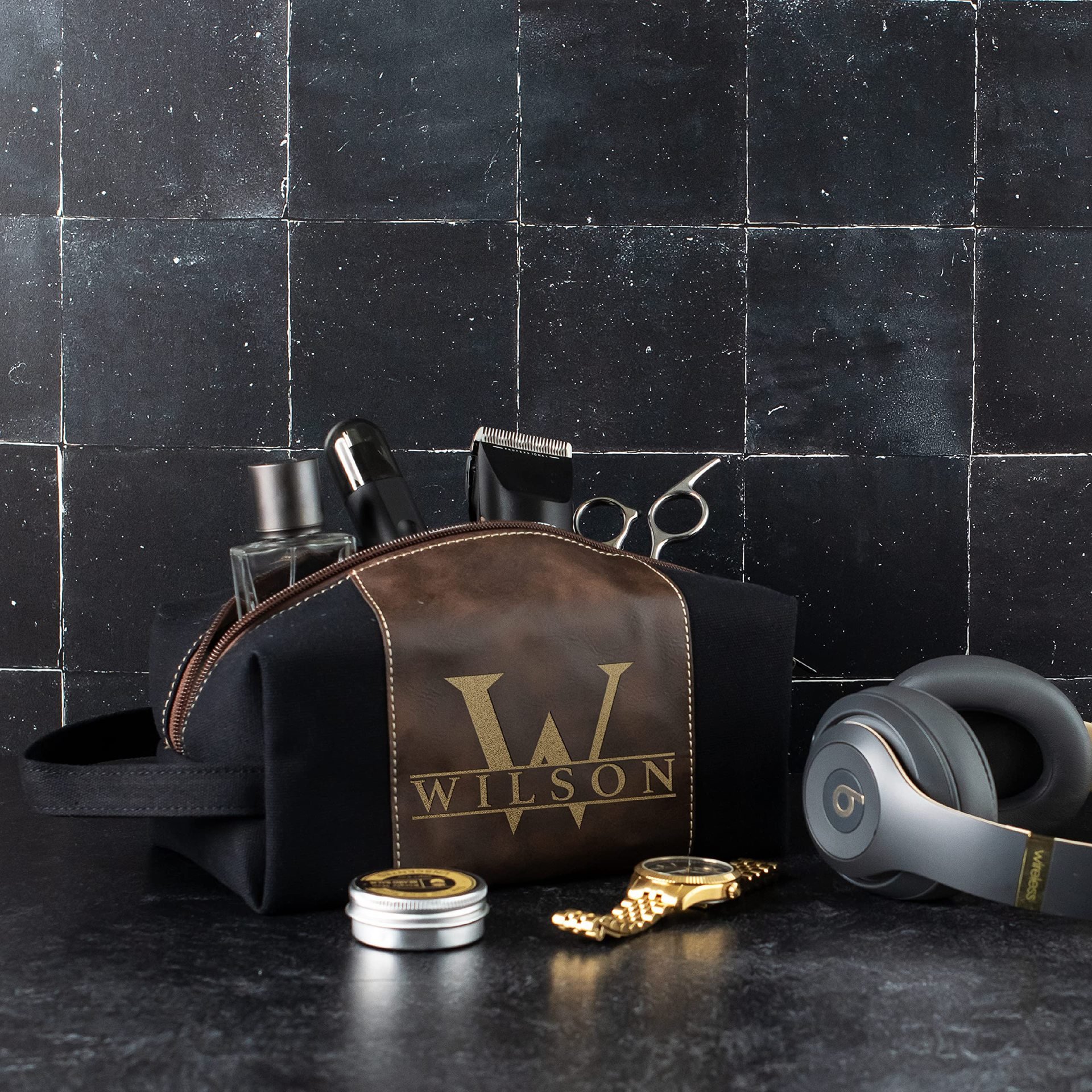 Custom Retro Travel Toiletry Bag for Men Large Capacity PU Canvas Water-resistant Shaving Bag for Toiletries Accessories