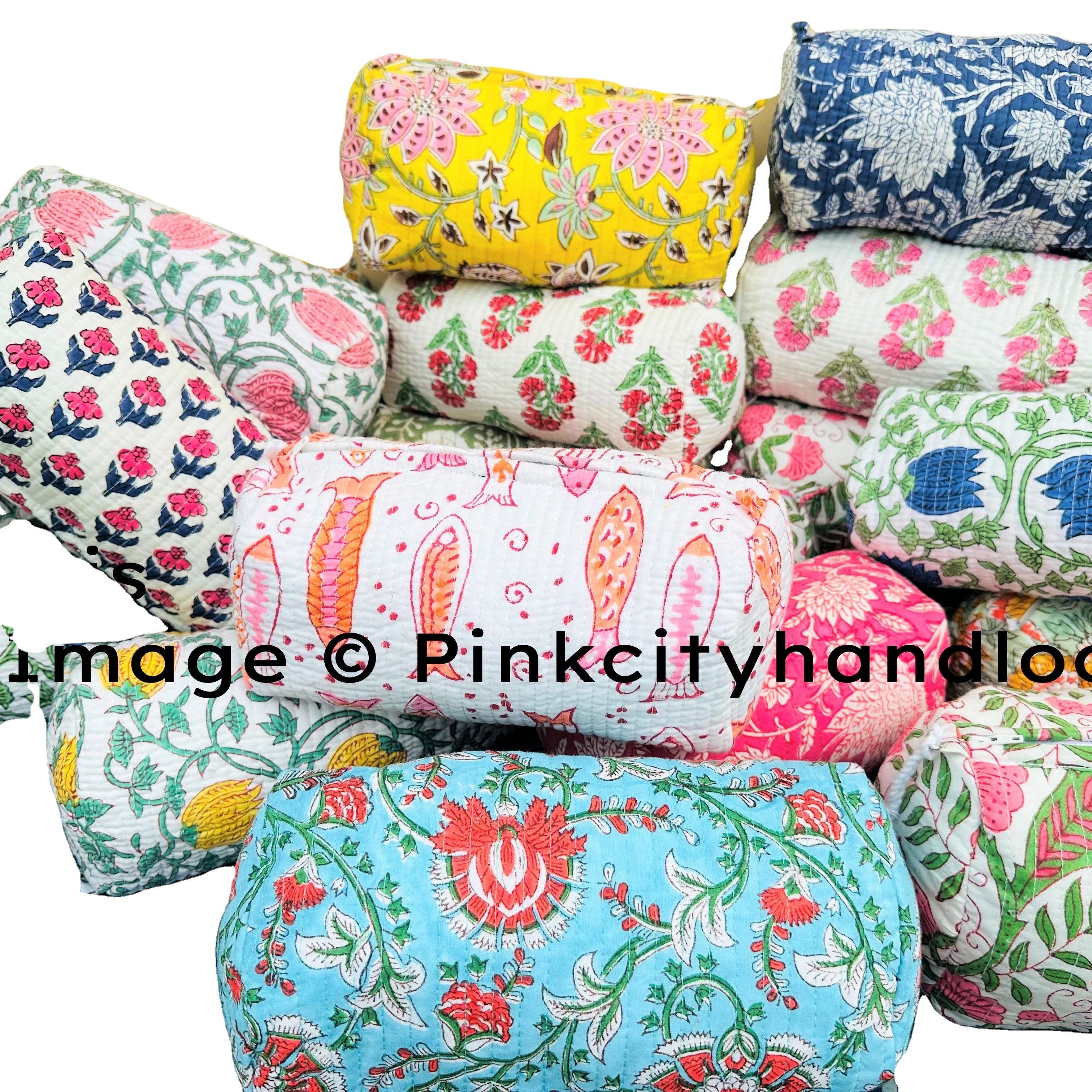 Women Shopping Shoulder Bag Quilted Cosmetic Organizer Handmade Block Printed Toiletry Pouch Makeup Accessory Travel For Girls