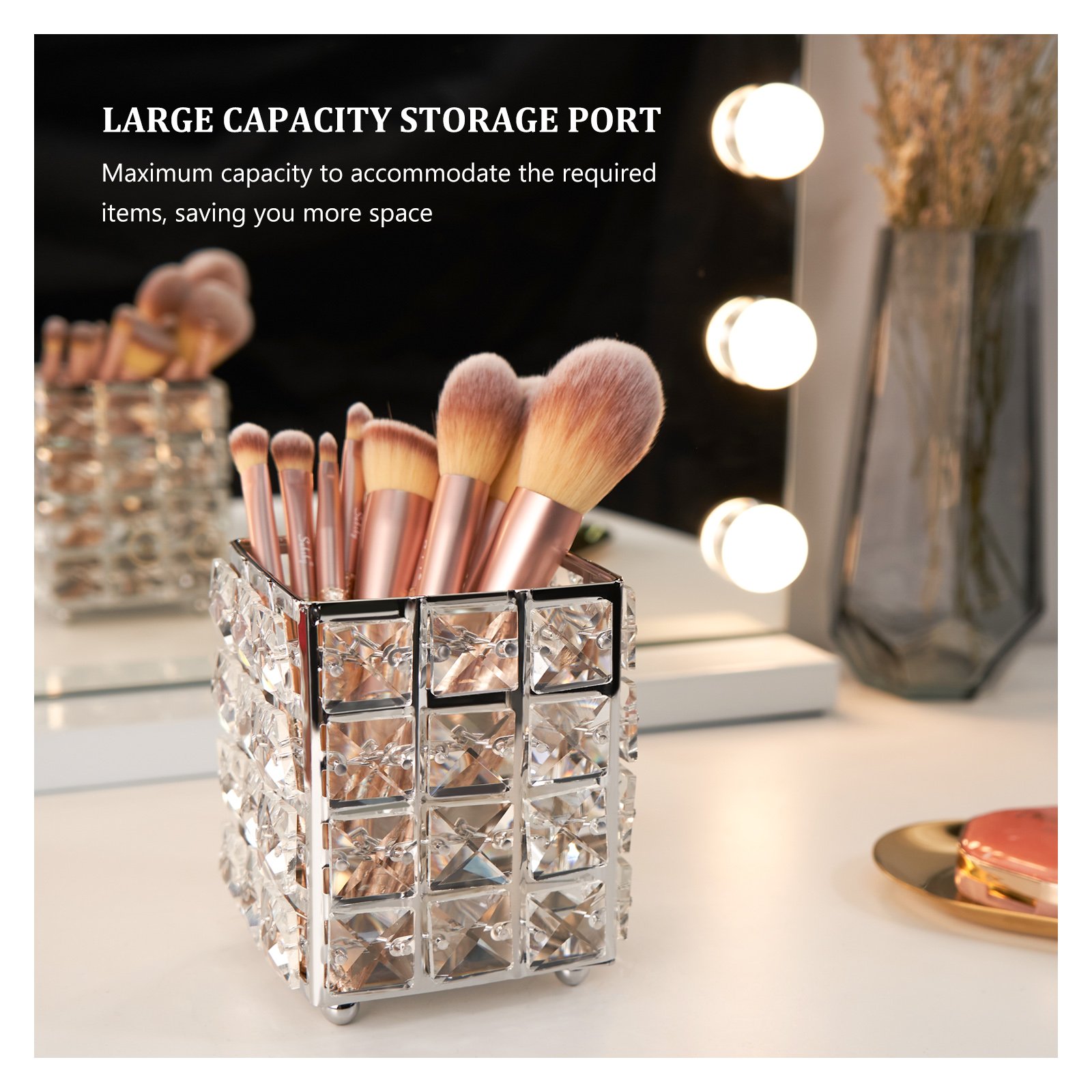 WALUE Acrylic silver shiny pen holder square crystal makeup brush storage bucket for makeup organizers crystal cosmetics bucket