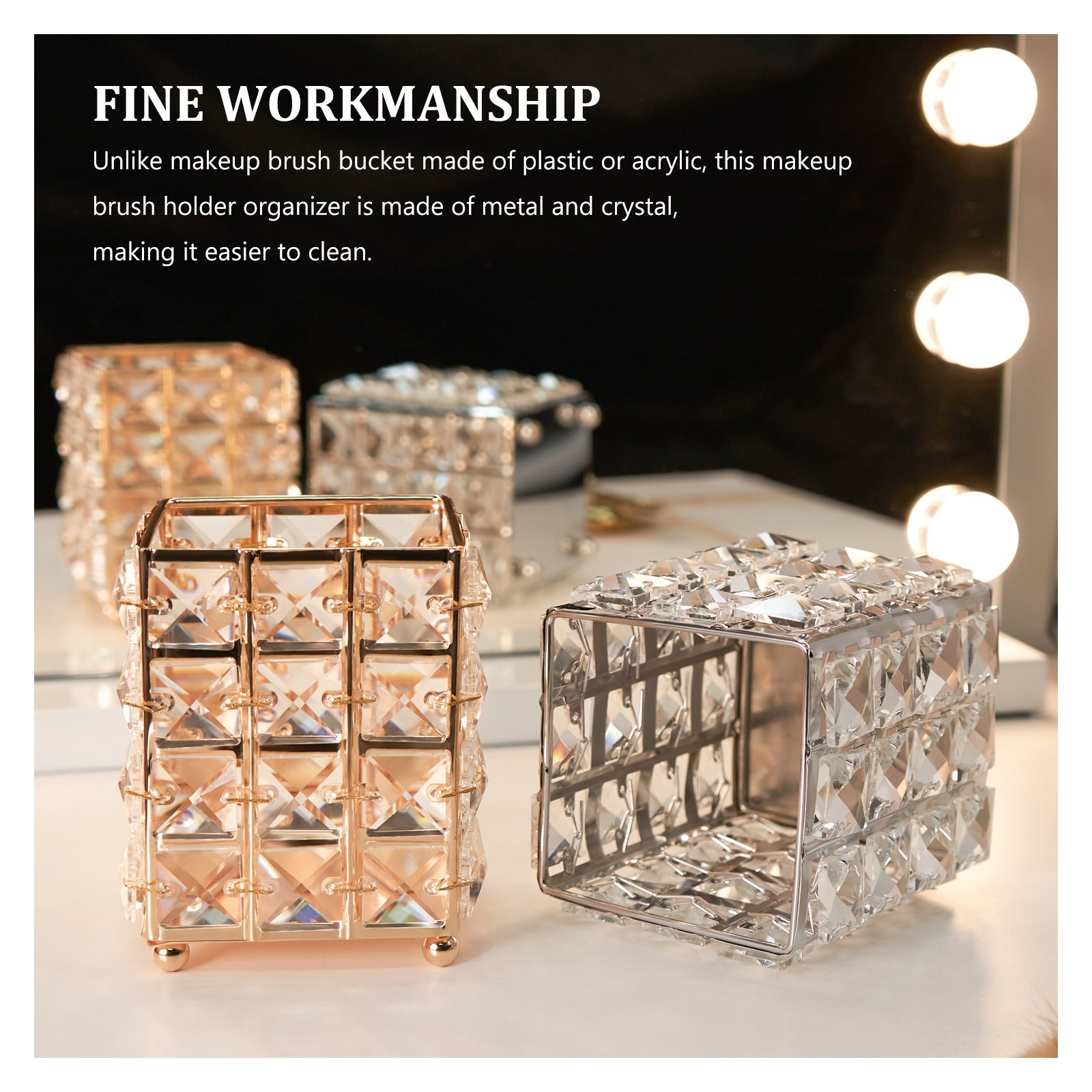WALUE Acrylic silver shiny pen holder square crystal makeup brush storage bucket for makeup organizers crystal cosmetics bucket