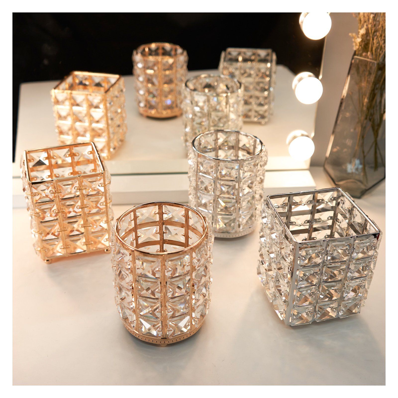 WALUE Acrylic silver shiny pen holder square crystal makeup brush storage bucket for makeup organizers crystal cosmetics bucket