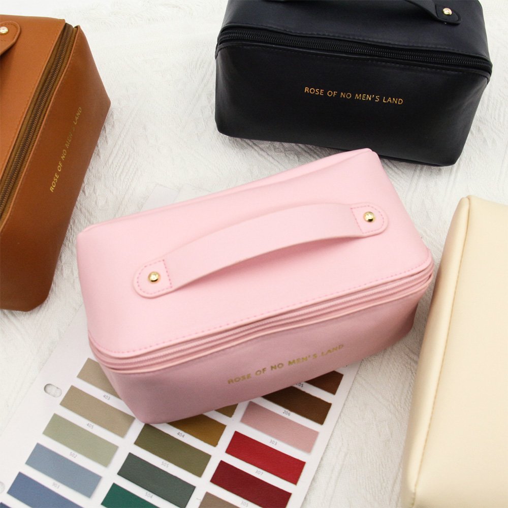 hot selling vegan pu leather makeup bag women custom logo pink waterproof travel bride maids square pillow cosmetic bag