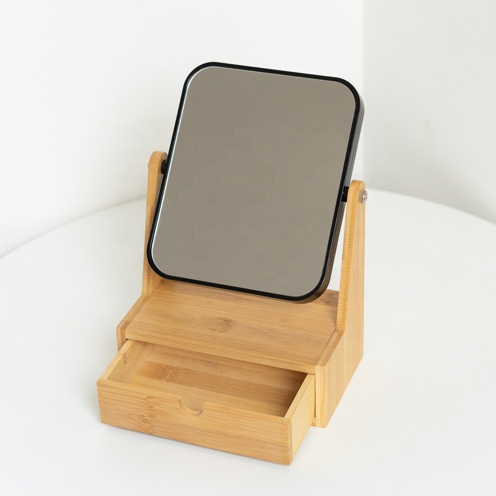 Lightweight bamboo modern makeup mirror women beauty cosmetic mirror storage organizer stand with drawers