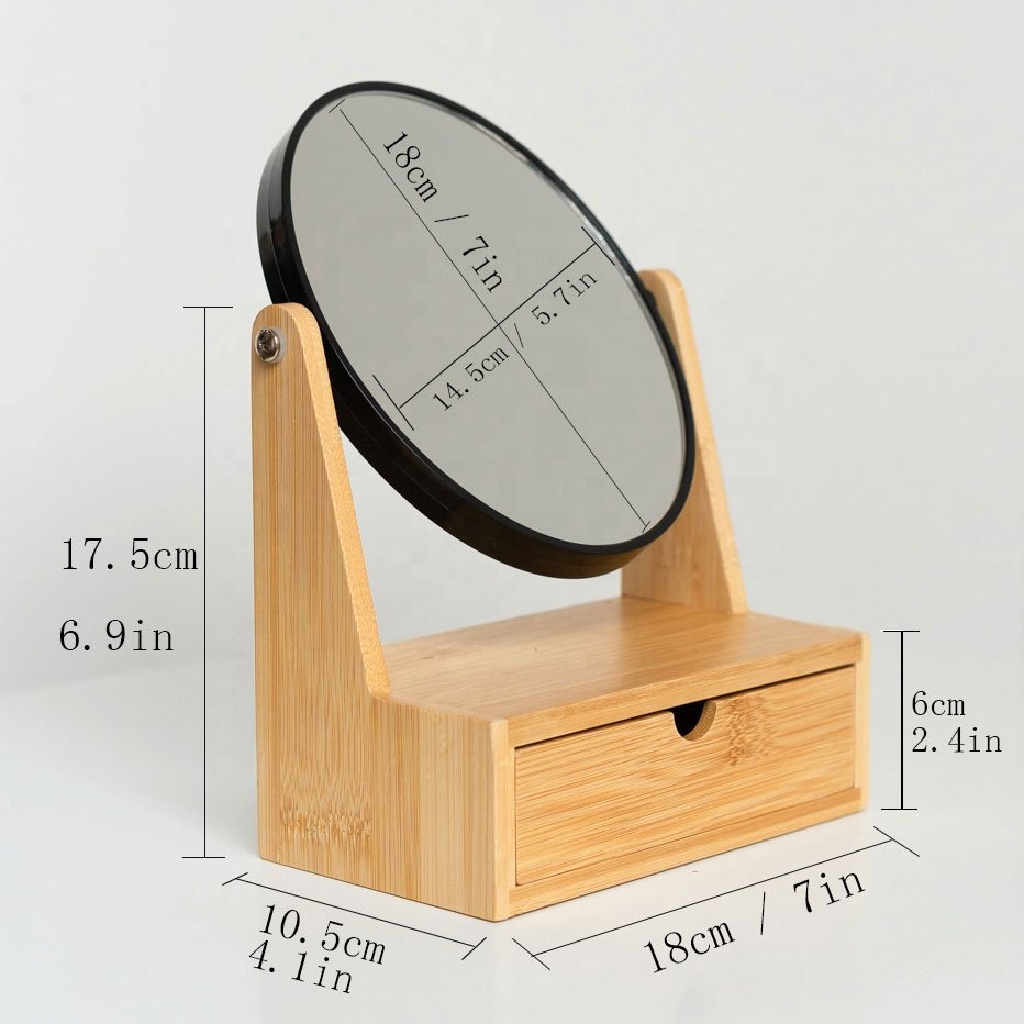 Lightweight bamboo modern makeup mirror women beauty cosmetic mirror storage organizer stand with drawers