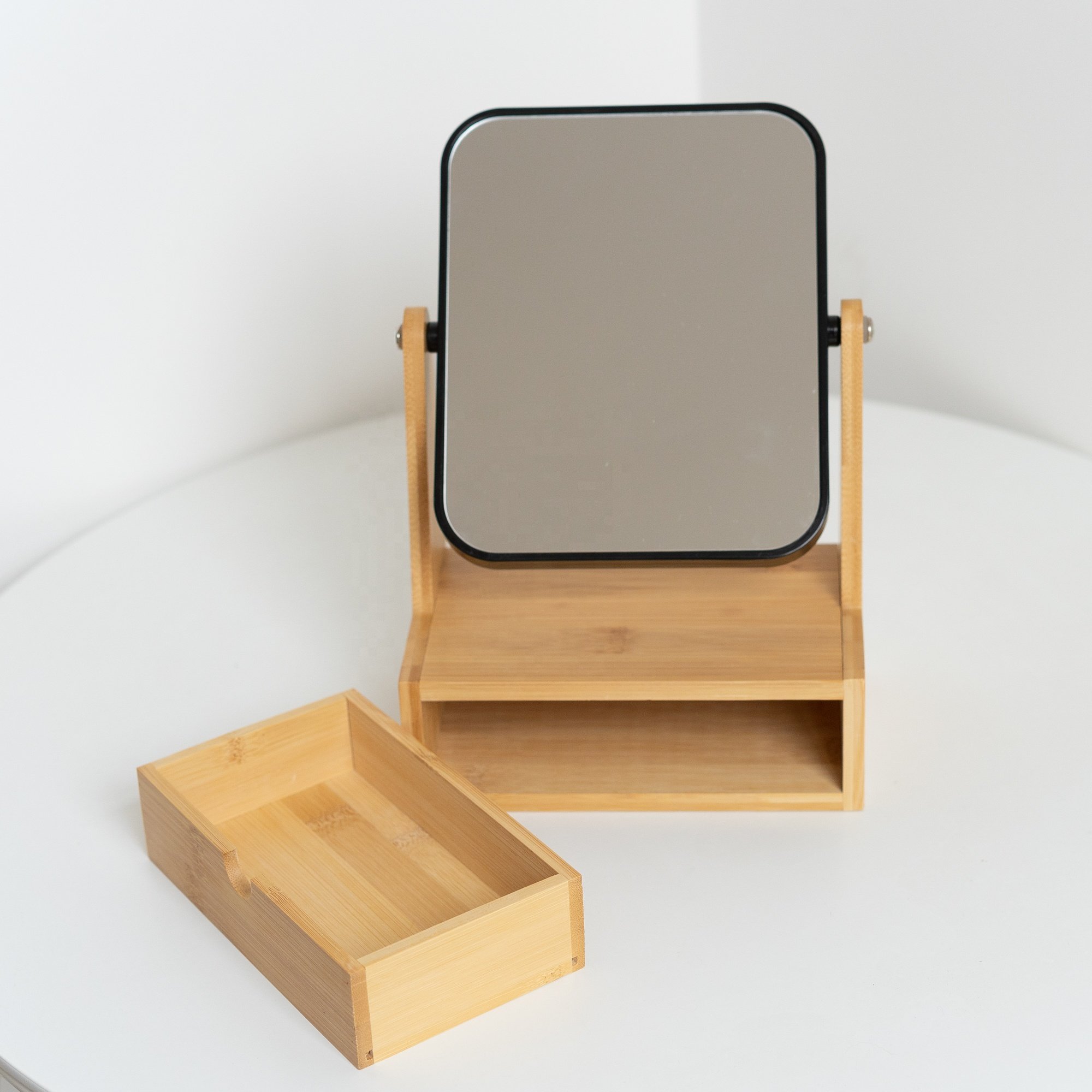 Lightweight bamboo modern makeup mirror women beauty cosmetic mirror storage organizer stand with drawers