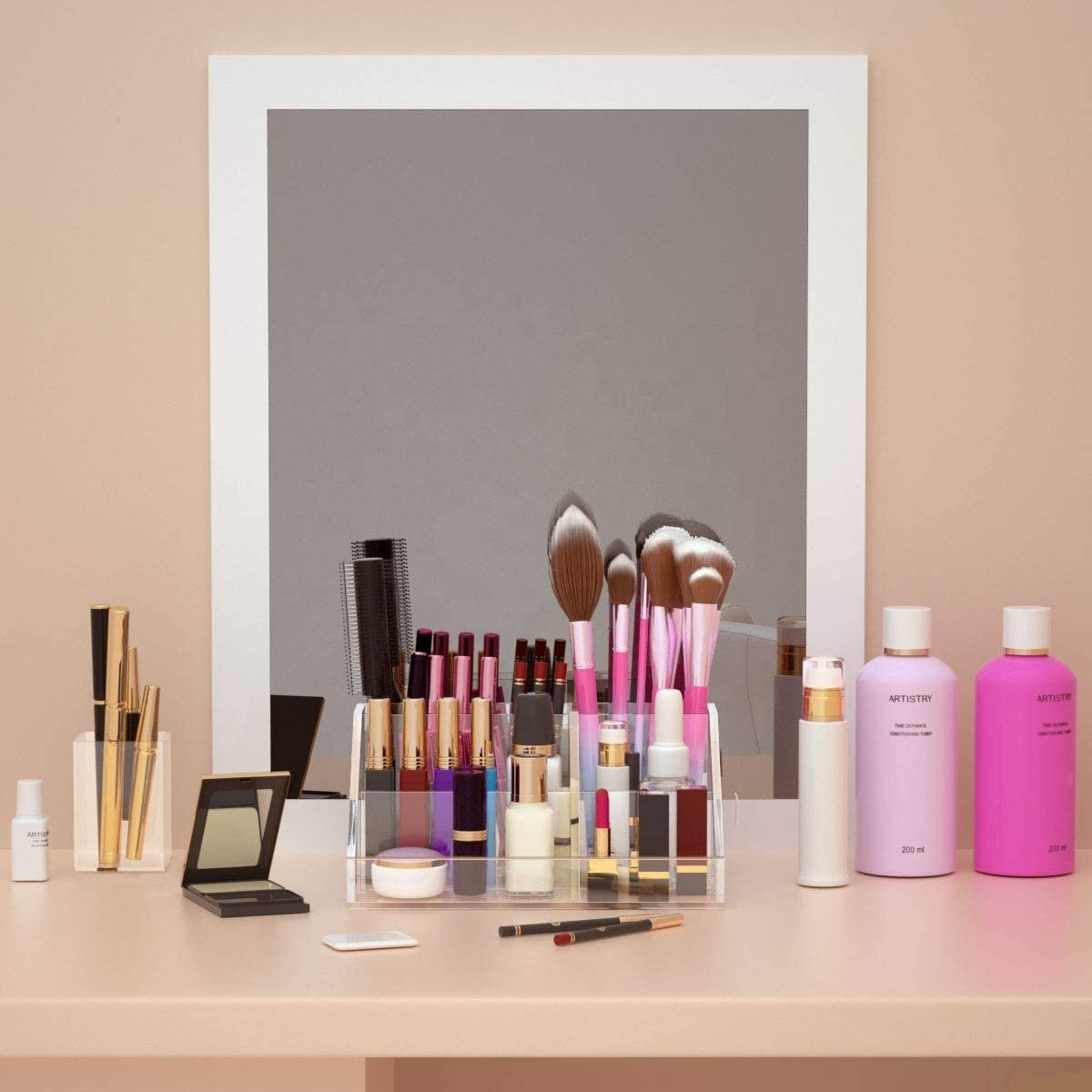Makeup Organizer Acrylic Cosmetic Storage Display Case Countertop with Six Divided Slots for Bathroom/Vanity/Desk/Bedroom