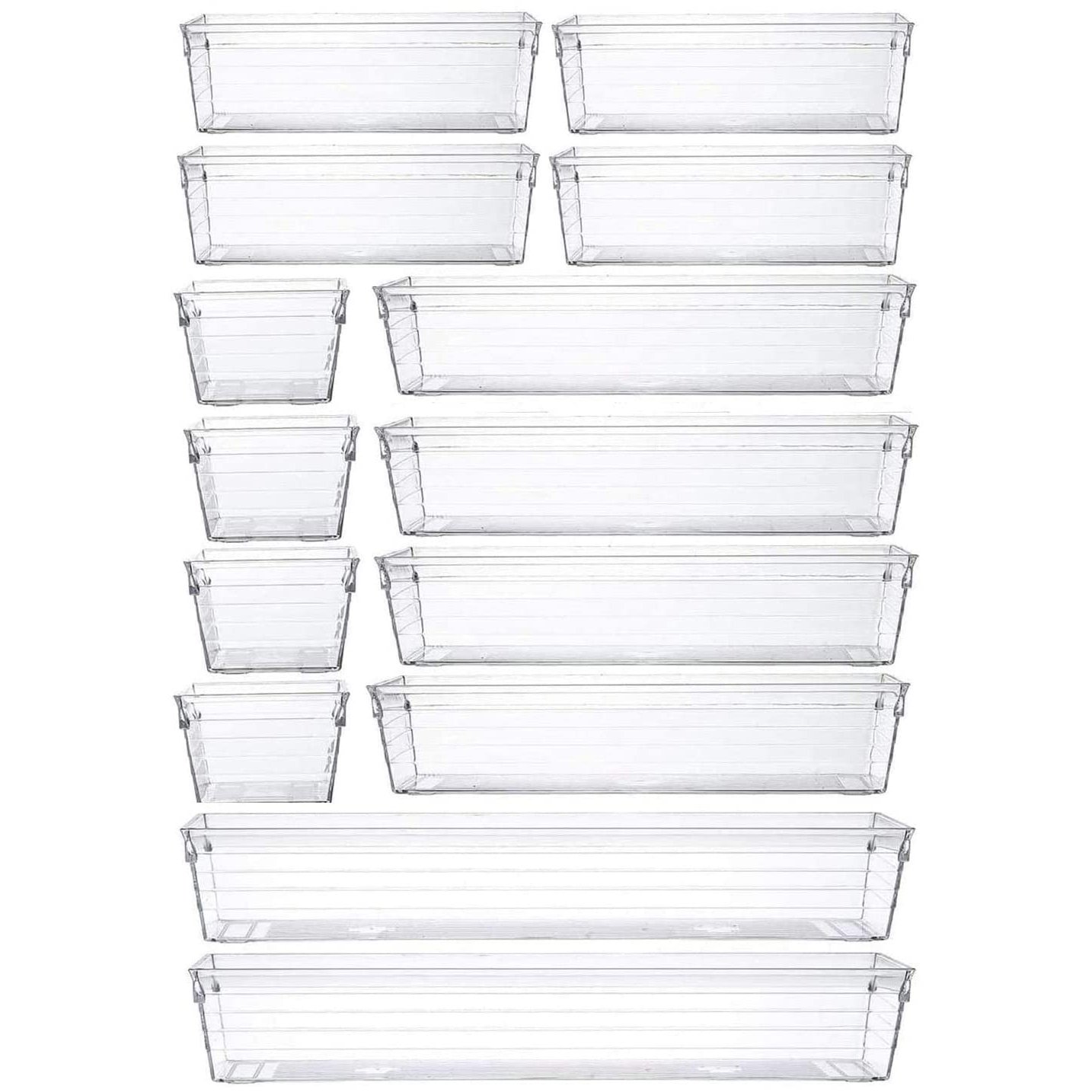 14pcs Plastic Desk Drawer Organizer Trays Set Acrylic Drawer Dividers Tray Clear Vanity Storage Bins for Makeup,Utensil