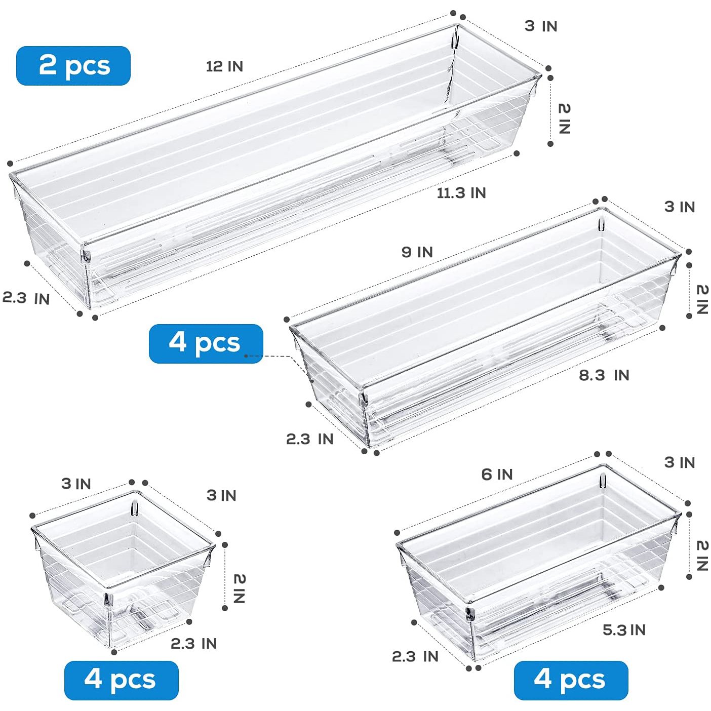 14pcs Plastic Desk Drawer Organizer Trays Set Acrylic Drawer Dividers Tray Clear Vanity Storage Bins for Makeup,Utensil