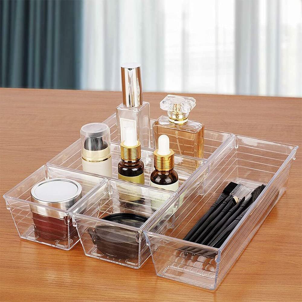 14pcs Plastic Desk Drawer Organizer Trays Set Acrylic Drawer Dividers Tray Clear Vanity Storage Bins for Makeup,Utensil