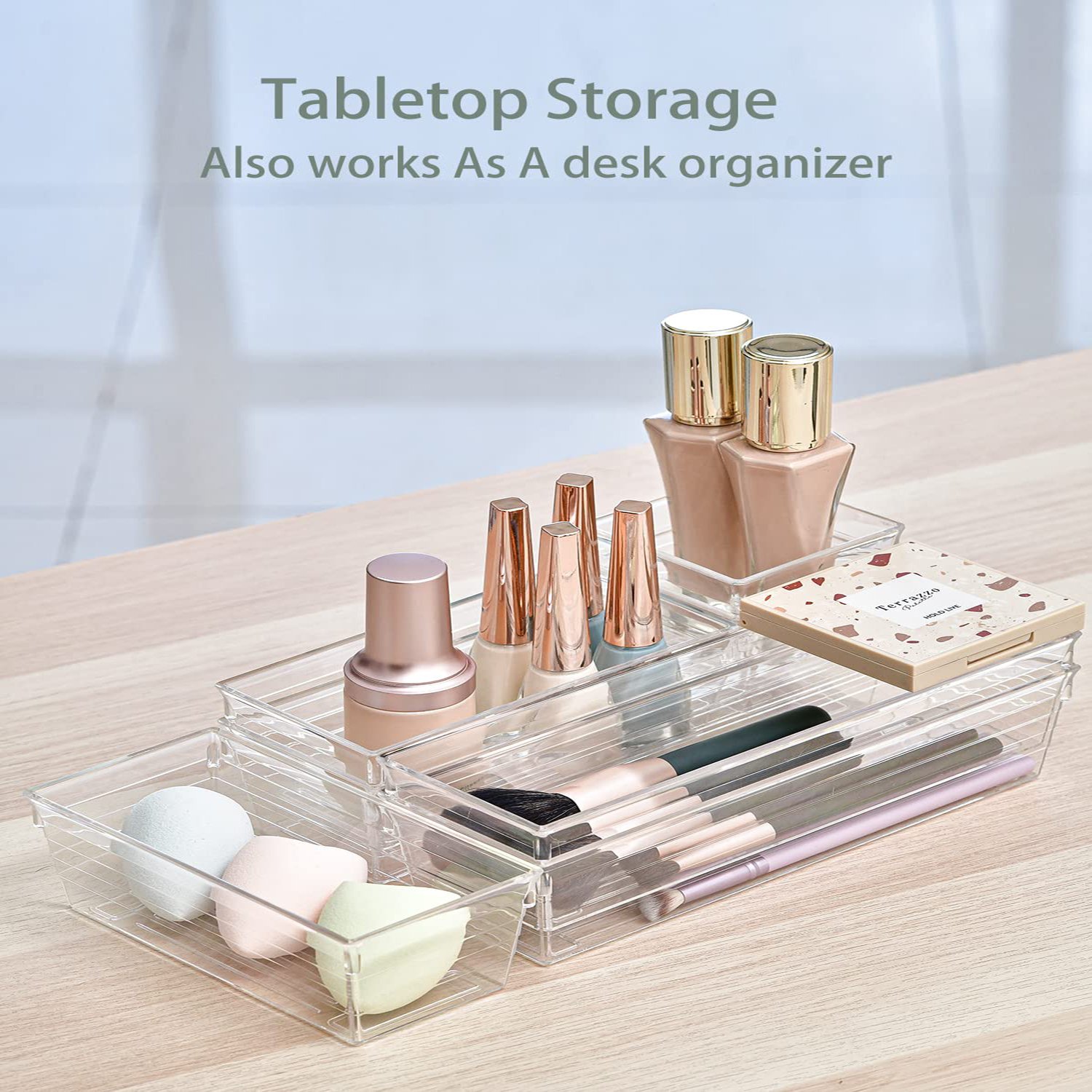 14pcs Plastic Desk Drawer Organizer Trays Set Acrylic Drawer Dividers Tray Clear Vanity Storage Bins for Makeup,Utensil