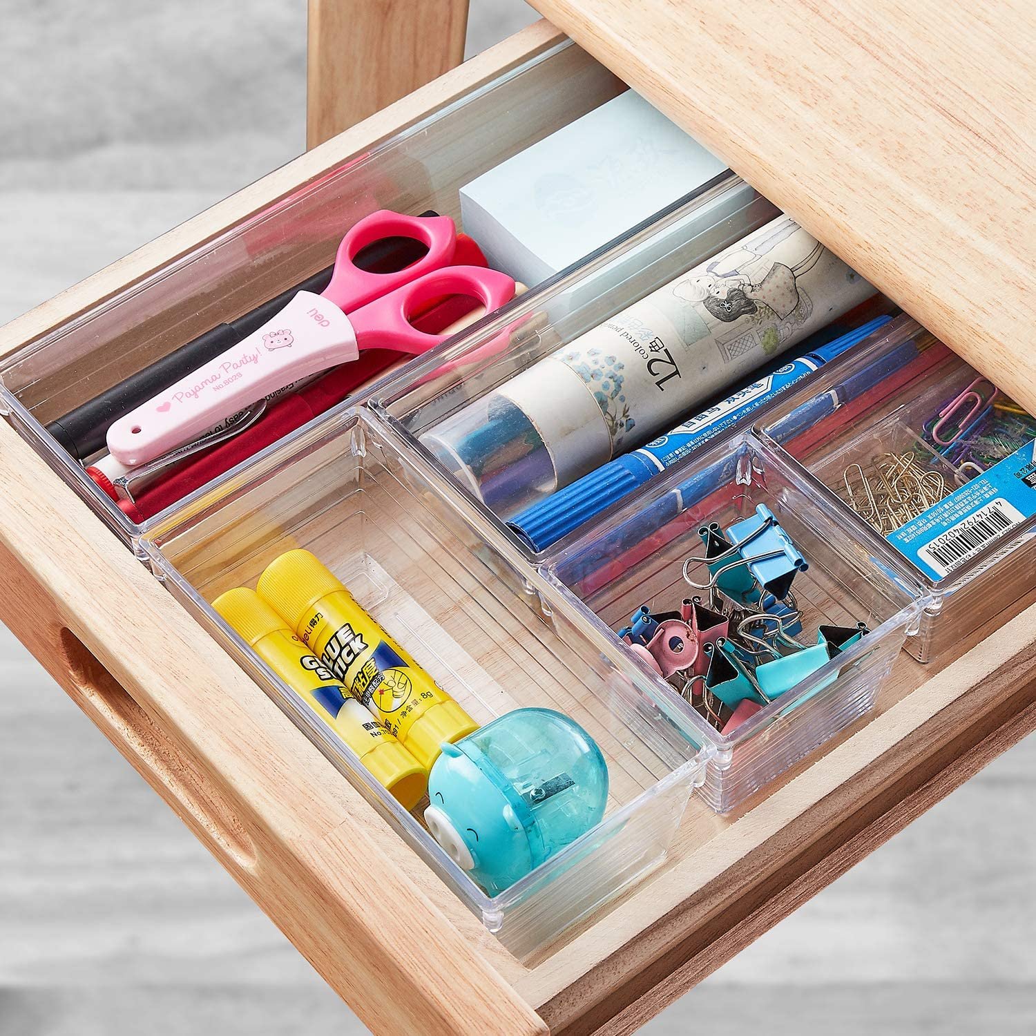 14pcs Plastic Desk Drawer Organizer Trays Set Acrylic Drawer Dividers Tray Clear Vanity Storage Bins for Makeup,Utensil
