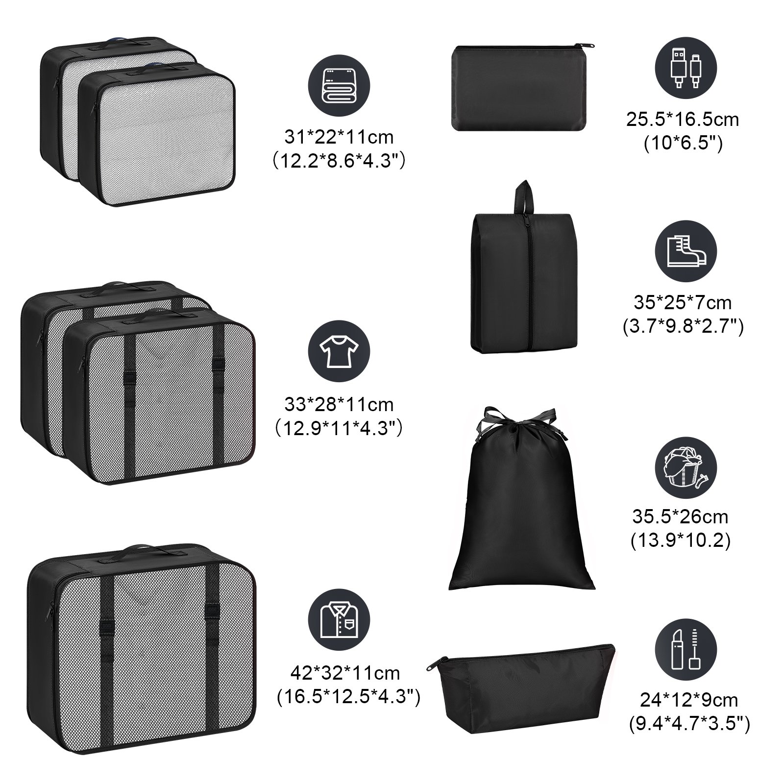In Stock 9 Pcs Lightweight Waterproof Suitcase Organizer Luggage Bags Set Travel Packing Cubes w/ Laundry Shoe Makeup Bag