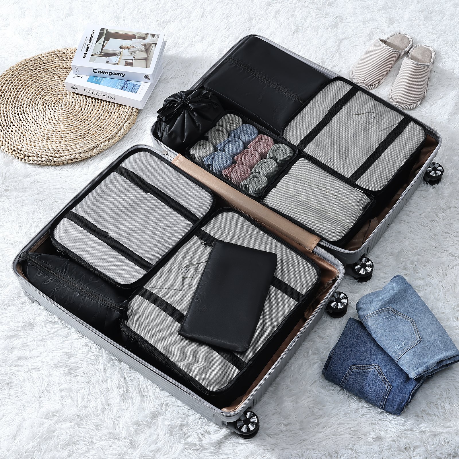 In Stock 9 Pcs Lightweight Waterproof Suitcase Organizer Luggage Bags Set Travel Packing Cubes w/ Laundry Shoe Makeup Bag