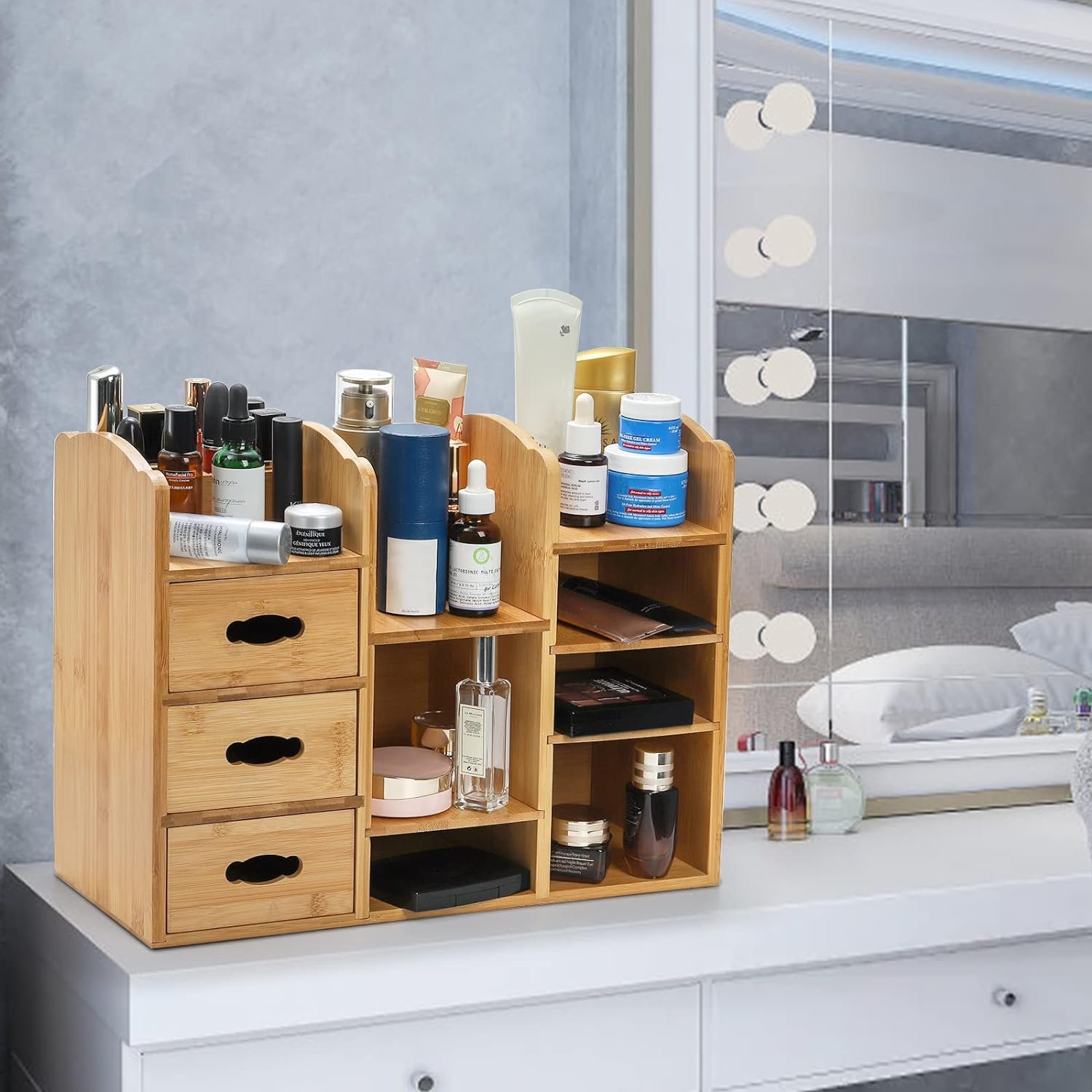 Combohome Bamboo Makeup Cosmetics Organizer with Drawers, Multifunctional Dresser Top Makeup Storage Tabletop Organizer