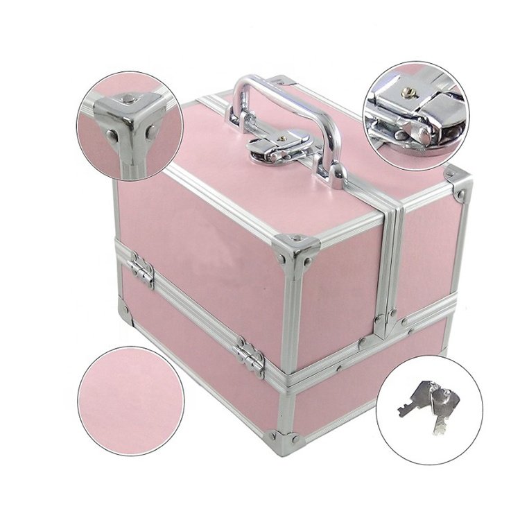 Hot Sell Pink Cosmetic Case Beauty Make Up Nail Art Organizer Travel Makeup Organizing Box Aluminum Make-up Storage Case