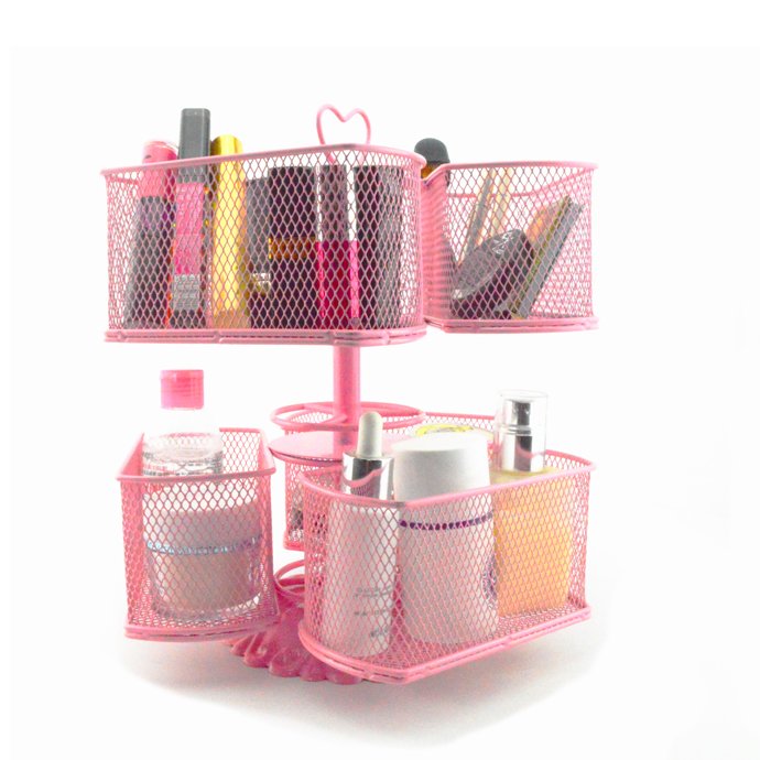 360 rotating mesh makeup organizer, metal cosmetic organizing carousel, elegant storage box for brush, skincare and beauty item