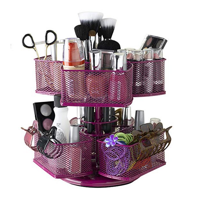 360 rotating mesh makeup organizer, metal cosmetic organizing carousel, elegant storage box for brush, skincare and beauty item